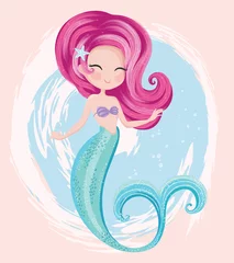 Little cute mermaid with fishes and seashells. Book illustration, fashion artworks, t shirt graphics.
