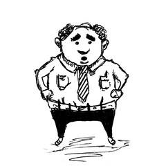 Hand drawn sketch of cartoon character fat cute funny man standing with arms akimbo isolated on white