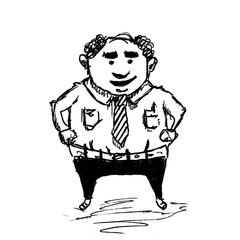 Hand drawn sketch of cartoon character fat cute funny man standing with arms akimbo isolated on white