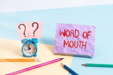 Text sign showing Word Of Mouth. Business photo showcasing information that is transmitted without...