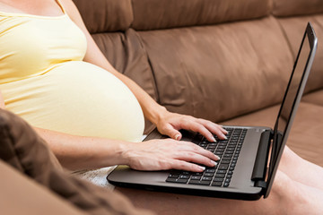 Portrait of a beautiful pregnant woman working at home using a computer