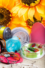 Fishing tackles, lines and reel with spring decoroation