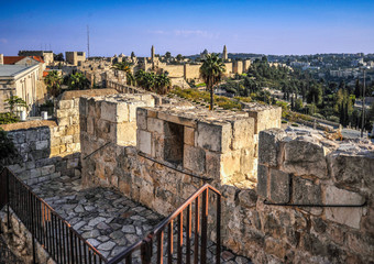 Fototapeta na wymiar The fortress walls of Jerusalem that have survived to this day were built by the Turkish Sultan Suleiman the Magnificent in 1537-1542. Until the mid-19th century, the whole city was located inside the