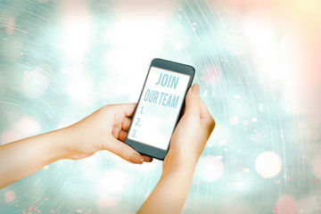 Conceptual hand writing showing Join Our Team. Concept meaning inviting someone to join in your...