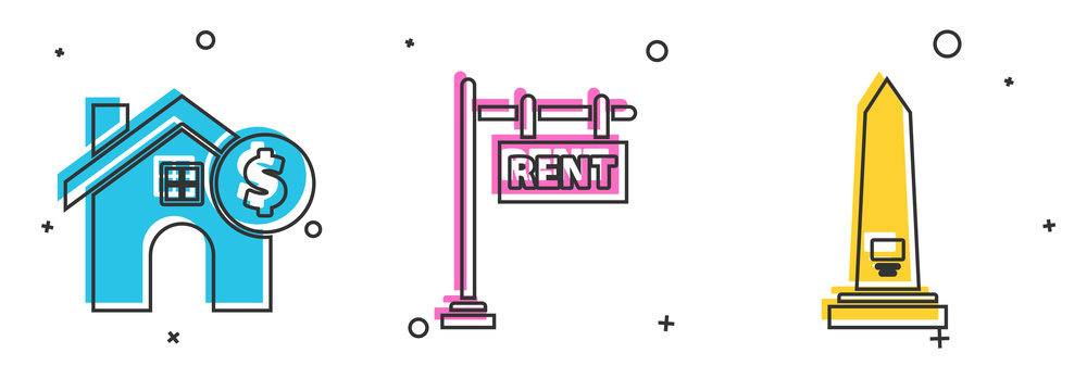 Set House With Dollar Symbol, Hanging Sign With Text Rent And Washington Monument Icon. Vector