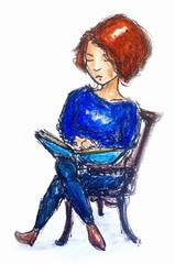 Hand drawn young woman sitting and reading isolated on white