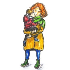 Hand drawn sketch of young woman standing and holding in arms a child isolated on white