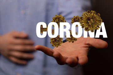 Hologram of coronavirus COVID-2019 on a blue futuristic background. Deadly type of virus 2019-nCoV....