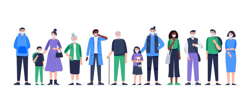 Multicultural group of people wearing medical masks to prevent disease, flu, air pollution, and contaminated air. Vector flat illustration.