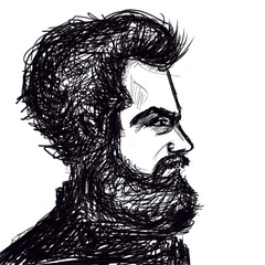 hand drawn sketch portrait of handsome bearded man in profile isolated on white