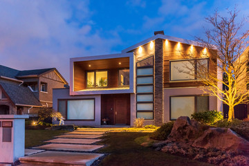 Luxury house at night in Vancouver, Canada.