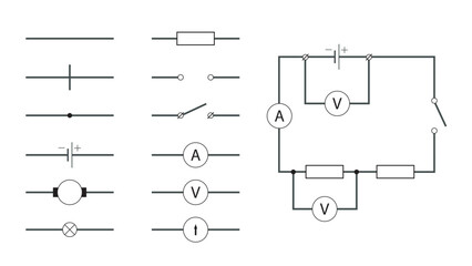 Visual vector illustration shows the symbols used in electrical circuits
