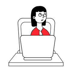 The girl is sitting at a table and working on a computer. The concept of remote work during the quarantine. hand drawn vector design illustrations in a flat style isolated on a white background.