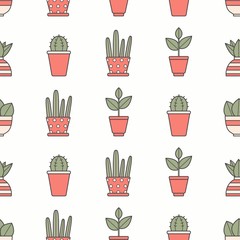 Domestic home Plants in red flower Pots. Minimalistic floral Icons. Flower Shop concept. Cartoon style, simple flat design. Trendy Vector illustration. White background. Seamless pattern