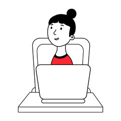 The girl is sitting at a table and working on a computer. The concept of remote work during the quarantine. hand drawn vector design illustrations in a flat style isolated on a white background.