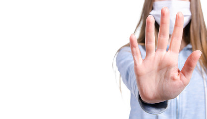 Woman in medical protective mask stop virus on white background isolation