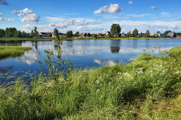 Fototapeta premium Trees, bushes and grasses on the banks of a beautiful quiet lake.