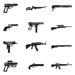 Firearms Icons. Black Flat Design. Vector Illustration.