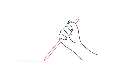 Red pencil in fist. Line drawing vector illustration.