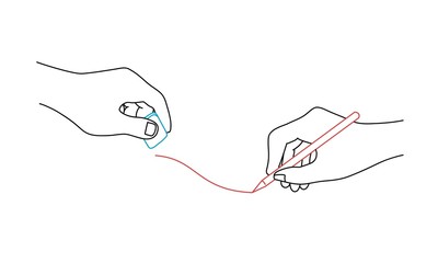 Human hands with pencil and erase rubber. Line drawing vector illustration.