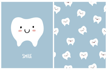 Cute Vector Illustration and Seamless Pattern with White Smiling Tooth Isolated on a Light Blue Background. Kawaii Style Nursery Art.