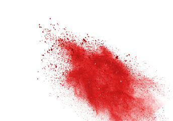 Red powder explosion on white background. Colored cloud. Colorful dust explode. Paint Holi.