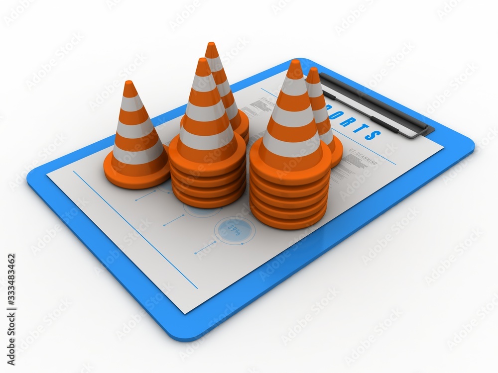 Poster 3d rendering traffic cone construction with document
