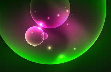 Neon shiny transparent glowing circles with light effects. Techno futuristic vector abstract background For Wallpaper, Banner, Background, Card, Book Illustration, landing page