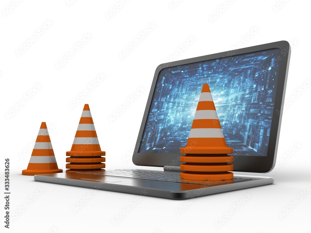 Poster 3d rendering traffic cone network with laptop