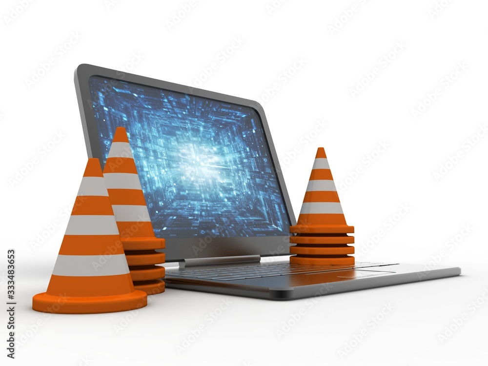 Poster 3d rendering traffic cone network with laptop