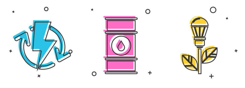 Set Recharging, Oil barrel line and Light bulb with leaf icon. Vector