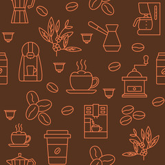 Coffee equipment seamless pattern with flat line icon. Concept for web banners, site and printed materials. For coffee shop and online store