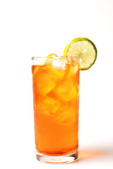 Iced tea lemon juice fresh drink on white bakcground, Isolate black tea and lime lemon in the glass...