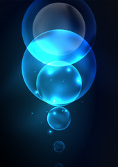 Glowing neon shiny transparent bubbles, glass circles or bio cell concept. Techno futuristic vector abstract background For Wallpaper, Banner, Background, Card, Book Illustration, landing page