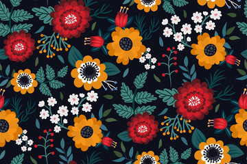 Floral ethnic pattern in yellow, red, white flowers on a black background. Bright seamless background in liberty style. Colorful artistic print for textile, book covers, gift wrap, wallpaper...