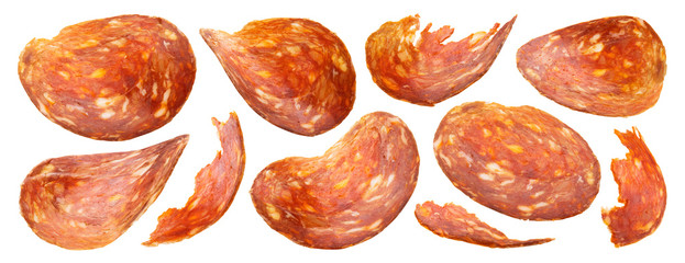 Sliced salami, hot smoked pepperoni sausage isolated on white background - obrazy, fototapety, plakaty