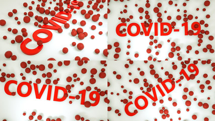 Covid-19 inscription with three-dimensional models of the virus. concept of pandemic corona virus. 3d render. illustration. set, collection.