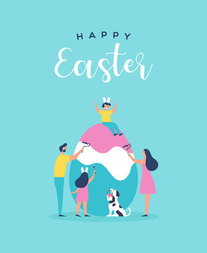Happy easter card of family painting egg together