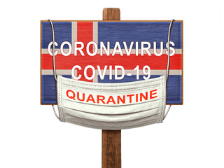 Quarantine during a pandemic coronavirus COVID-19 in Iceland. Medical mask with the inscription Quarantine hangs on a sign with an image of the flag of Iceland.