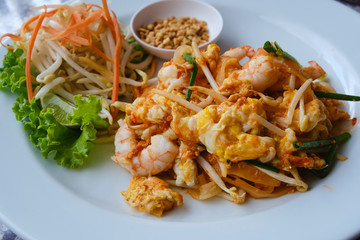 Pad thai a stir-fried rice noodle dish with shrimp. Thai tradition food.
