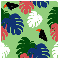 Seamless pattern with toucans and palm leaves
