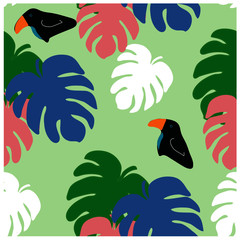 Naklejka premium Seamless pattern with toucans and palm leaves