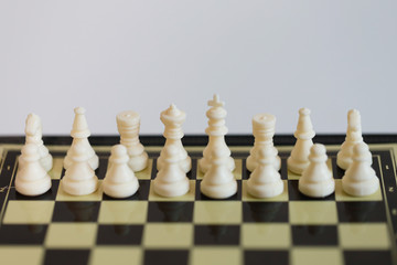 The Chess pieces put on chess board for play, chessboard are good game for training thinking.