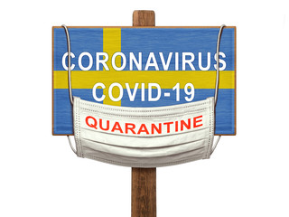 Fototapeta premium Quarantine during a pandemic coronavirus COVID-19 in Sweden. Medical mask with the inscription Quarantine hangs on a sign with an image of the flag of Sweden.
