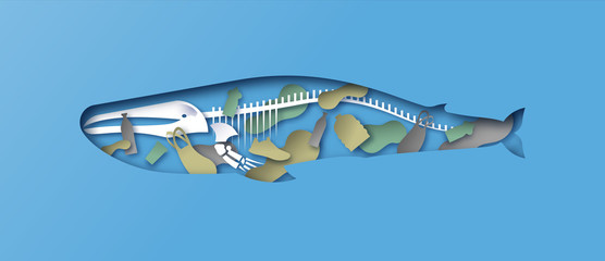 Paper cut whale skeleton x ray water pollution © Cienpies Design