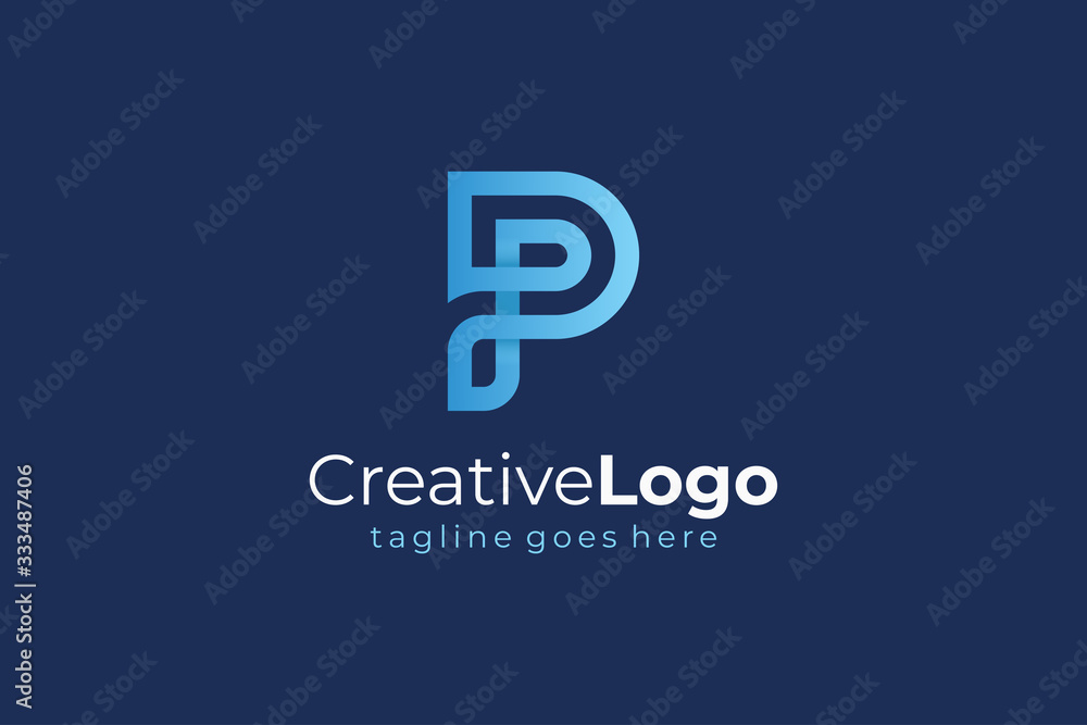 Poster blue double line abstract initial letter p logo. flat vector logo design template element