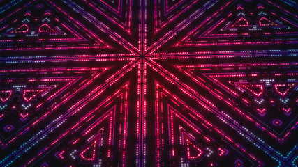Abstract Digital Led Lights Technology Animation/ Illustration of an abstract design background with kaleidoscope digital led lights and glowing dots with camera rotation effect