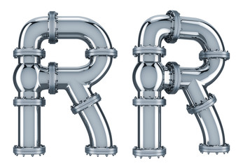 Letter R from steel pipes, 3D rendering