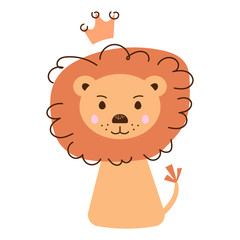 Vector illustration of a cute funny lion in a crown. Isolated objects on white background. Scandinavian style flat design. Concept for children print.