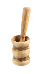 Handmade wooden mortar isolated on white background